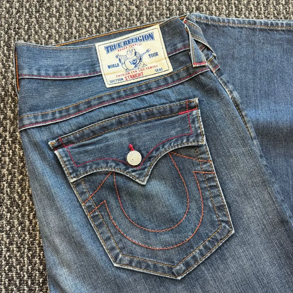 True Religion Straight Cut Denim Jeans Mens Faded Distressed Flap Pocket 40x33